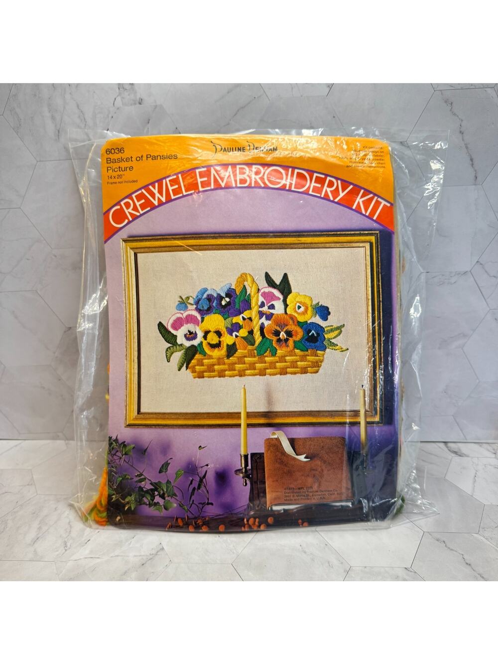 Vintage Crewel Embroidery Kit Pauline Denham Basket of Pansies New Dead Stock